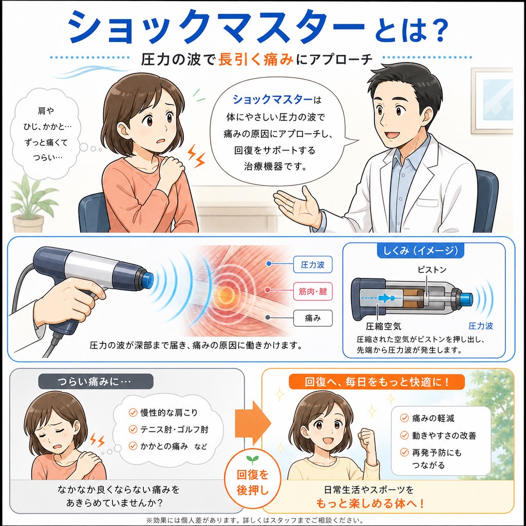 ショックマスターとは？ 圧力の波で長引く痛みにアプローチする仕組みと、期待できる変化のイラスト解説